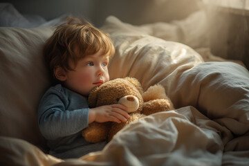 A little cute boy hugging teddy bear on bed. Children's day concept.