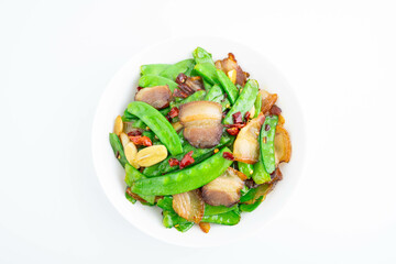 A plate of fried peas and bacon