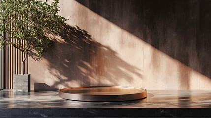 A serene setting with a sleek, round podium in a room where sunlight casts soft shadows of a tree against a textured wall, creating a peaceful ambiance.
