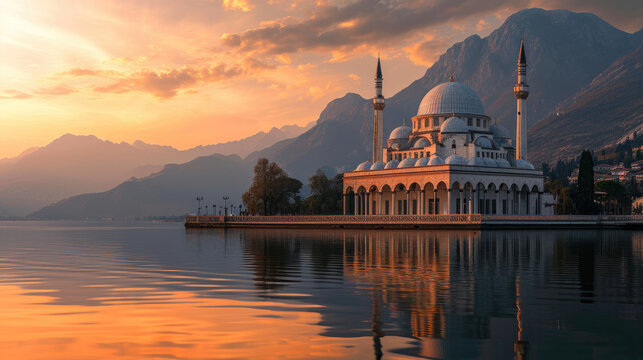 Serene mosque by the lake at sunset with mountains in the background