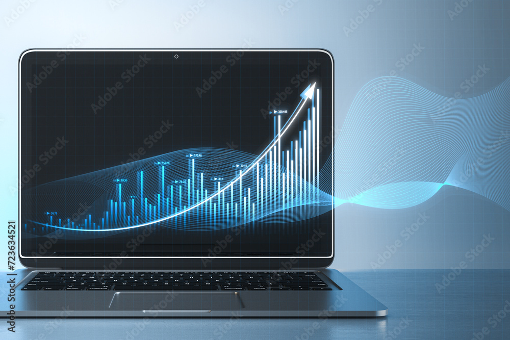 Aufkleber close up of laptop computer with growing business chart hologram on blurry blue background. corporat