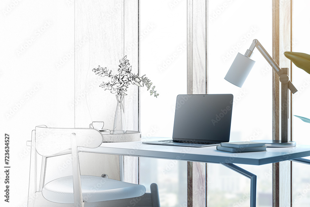 Poster Sketch of modern designer desktop with mock up laptop, various objects and window with city view in the background. 3D Rendering.