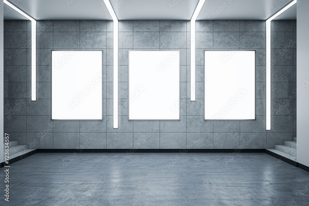 Aufkleber modern grunge hallway interior with empty white mock up banners. subway passage concept. 3d renderin