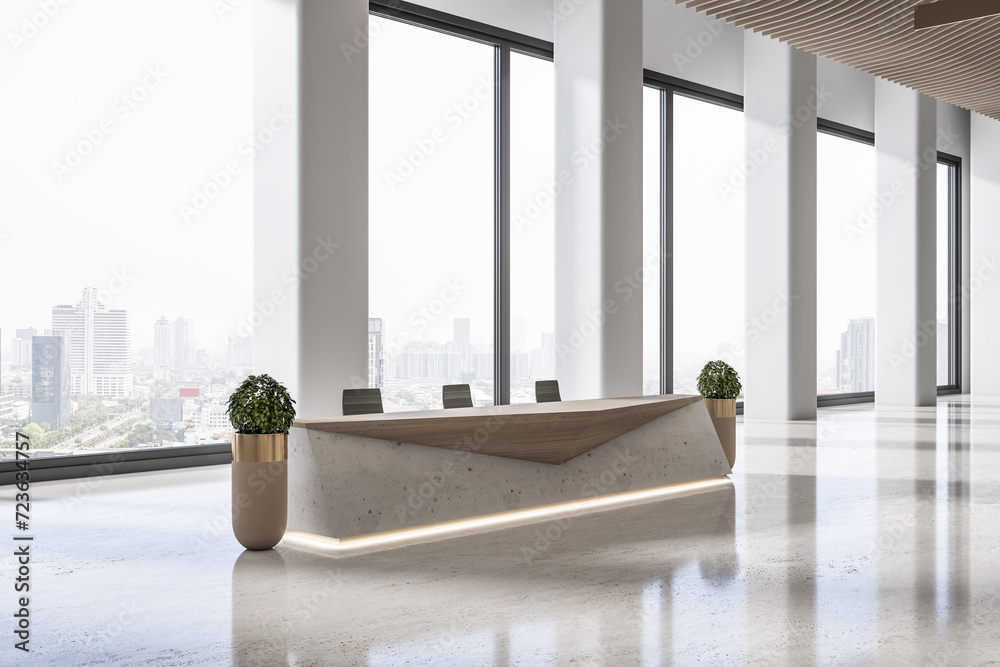 Poster Minimalist reception with concrete accents and city view. Illuminated edges. 3D Rendering