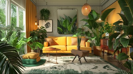 A vibrant living room adorned with an abundance of lush green plants. Perfect for adding a touch of nature and freshness to any interior space.