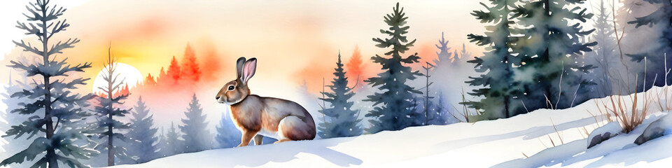 Obraz premium Watercolor painting of rabbit sitting in the snowy forest at sunset. Scenic winter landscape with hare. Beautiful scenery high quality ai generated painting.