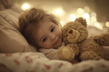 A little cute girl playing with teddy bear on bed. Children's day concept.
