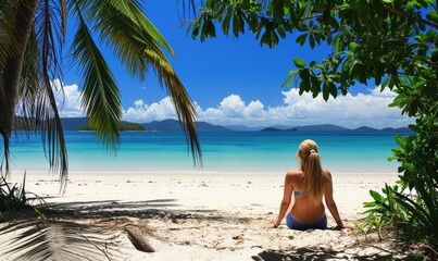 Summer woman beach theme. Traveller woman in beautiful dress have a fun at tropical beach