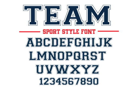 Classic college font. Vintage sport serif font in american style for football, soccer, baseball and basketball. Alphabet and numbers with outline in varsity style