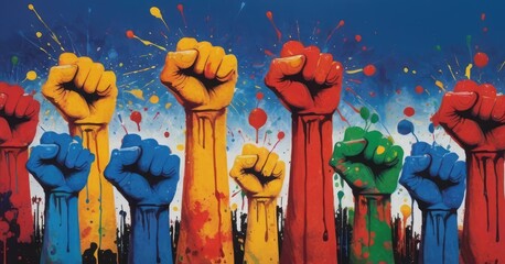Stylized painted multicolored fists raised upward as a sign of struggle, dissent and equality
