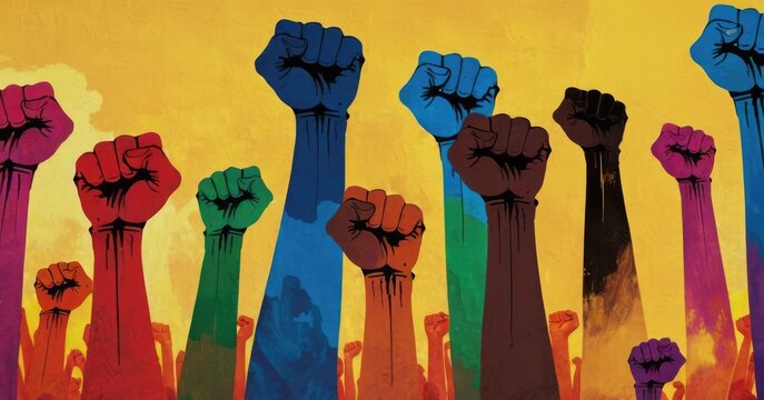 Stylized painted multicolored fists raised upward as a sign of struggle, dissent and equality
