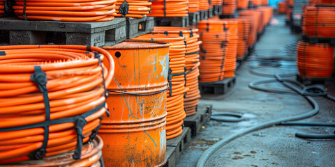 orange cable optic piled up in barrels, 