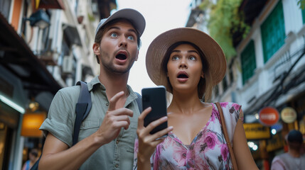Surprised tourist couple in city street - obrazy, fototapety, plakaty