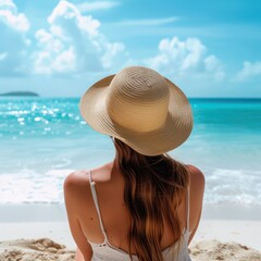 Fototapeta na wymiar Happy woman with hat relaxing at the seaside
