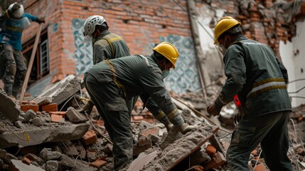 Search and rescue forces search through a destroyed building.