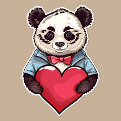 Romantic panda in a blue shirt holding a big red heart in his paws. Illustration or sticker for birthday or Valentines Day. Hand drawn panda in vector.