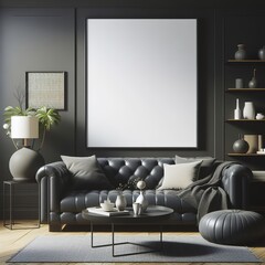 Blank picture frame mock up in black color room interior 3d rendering