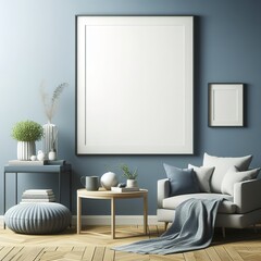 Blank picture frame mock up in blue color room interior 3d rendering