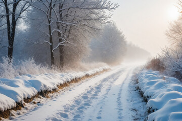 Obraz na płótnie Canvas Snowy blizzard on a countrside path in a winter time