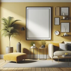 Blank picture frame mock up in yellow color room interior 3d rendering