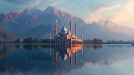 Serene reflections of a majestic mosque at dawn with a mountain vista - obrazy, fototapety, plakaty