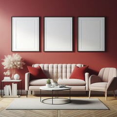 Blank picture frame mock up in red color room interior 3d rendering