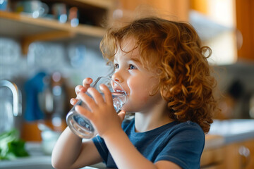 Caucasian unfocused boy drinking water from glass in kitchen