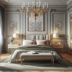 Elegant bedroom interior with bedforniture and framefront view