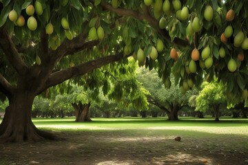 Mango tree plantation. Exotic agriculture summertime fruits orchard. Generate ai - obrazy, fototapety, plakaty