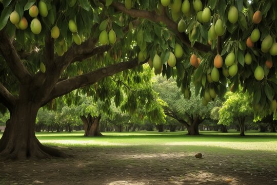 Mango tree plantation. Exotic agriculture summertime fruits orchard. Generate ai - Powered by Adobe