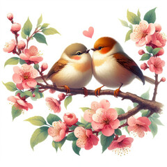 Two small birds in love, sitting on branch of blooming tree isolated solid white background. ai generative