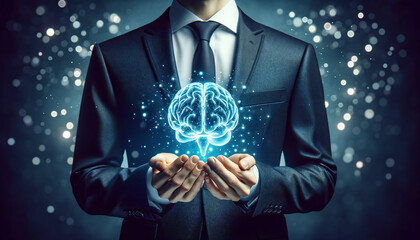 Un homme tient un cerveau dans ses mains , idéal pour article, blogs traitant de : l' intelligence artificielle, Piraterie, sécurité informatique, virus, hacker, hacking, pirate - obrazy, fototapety, plakaty