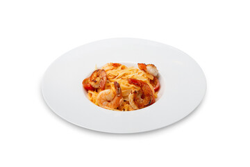 Italian pasta with shrimps on a plate, isolated