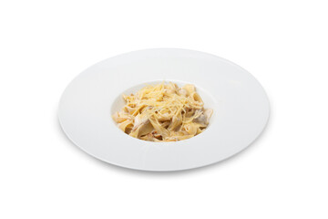 Pasta with chicken and mushrooms on a plate, isolated
