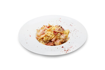 Italian pasta carbonara with bacon and cheese on a plate, isolated