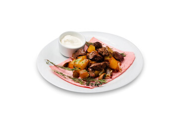 Fried chicken liver with potatoes on a plate, isolated