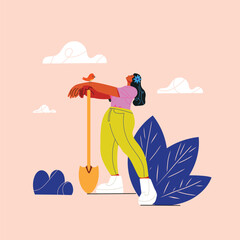 Gardening woman with shovel and bird rest after garden work. spring -modern flat vector concept illustration of women, doing hobby garden work. Spring gardening concept