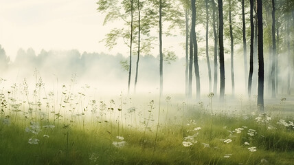 landscape spring morning in the forest among young greenery in nature, fog at dawn