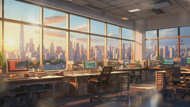 Modern Office Interior with Window View of Cityscape. Anime or Cartoon Illustration Style. Seamless Looping Virtual Video Animation Background