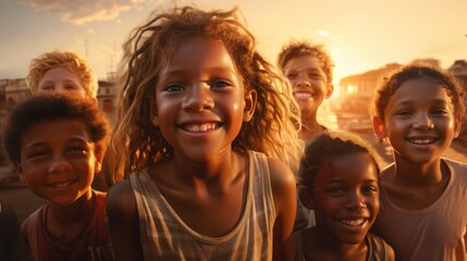 a realistic image, Kodak, golden hour light, enthusiastic children and young people . children from a third world country - obrazy, fototapety, plakaty