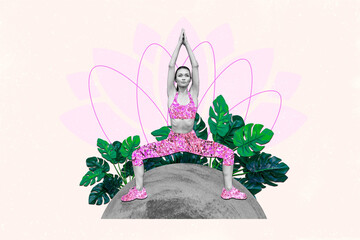 Horizontal composite photo collage of calm sportswoman do yoga exercise mental health body care...