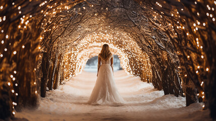 bride in winter view from the back, a girl in a white dress at a wedding in a decorated winter arch, entrance to the holiday - obrazy, fototapety, plakaty