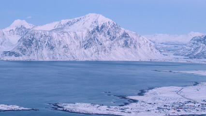 Taken during the snow-covered winter season on the Norwegian Lofoten islands