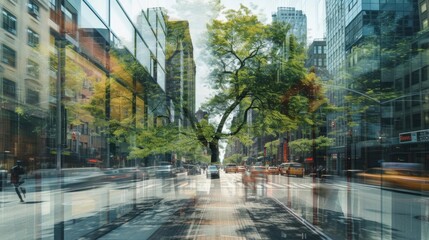 Double exposure of cityscape and pedestrians in a bustling metropolis. Urban jungle merge