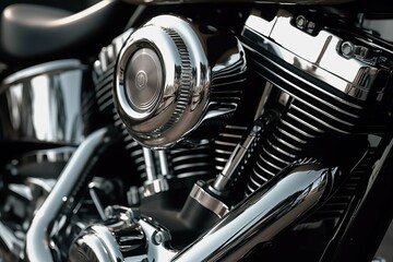 Glowing motorcycle engine. Metal silver powerful motorbike gear. Generate ai
