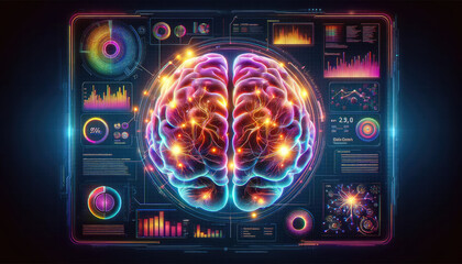 A highly detailed futuristic visualization of brain activity analysis, with glowing neural networks and advanced data analytics charts.