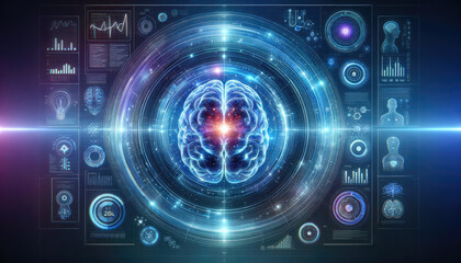 Fototapeta premium A highly detailed futuristic visualization of brain activity analysis, with glowing neural networks and advanced data analytics charts.