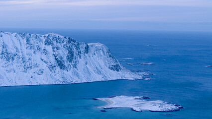 Taken during the snow-covered winter season on the Norwegian Lofoten islands