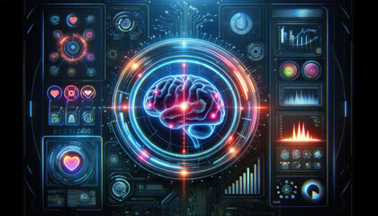 Fototapeta premium A highly detailed futuristic visualization of brain activity analysis, with glowing neural networks and advanced data analytics charts.