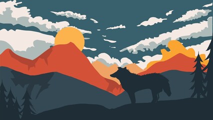 landscape with mountains, lonely wolf vector at landscape illustration